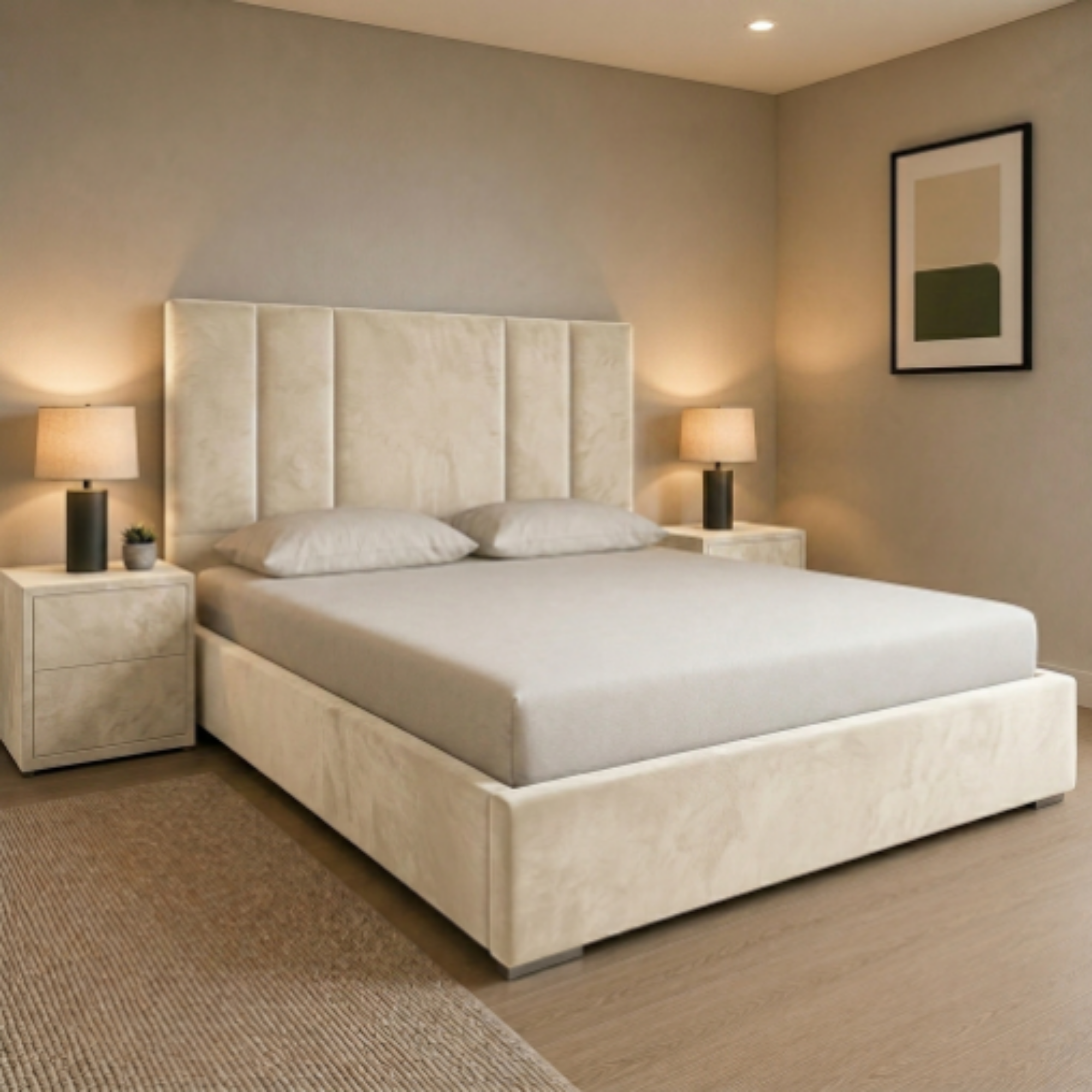 Modern Wide Vertical Panel Upholstered Bed Frame