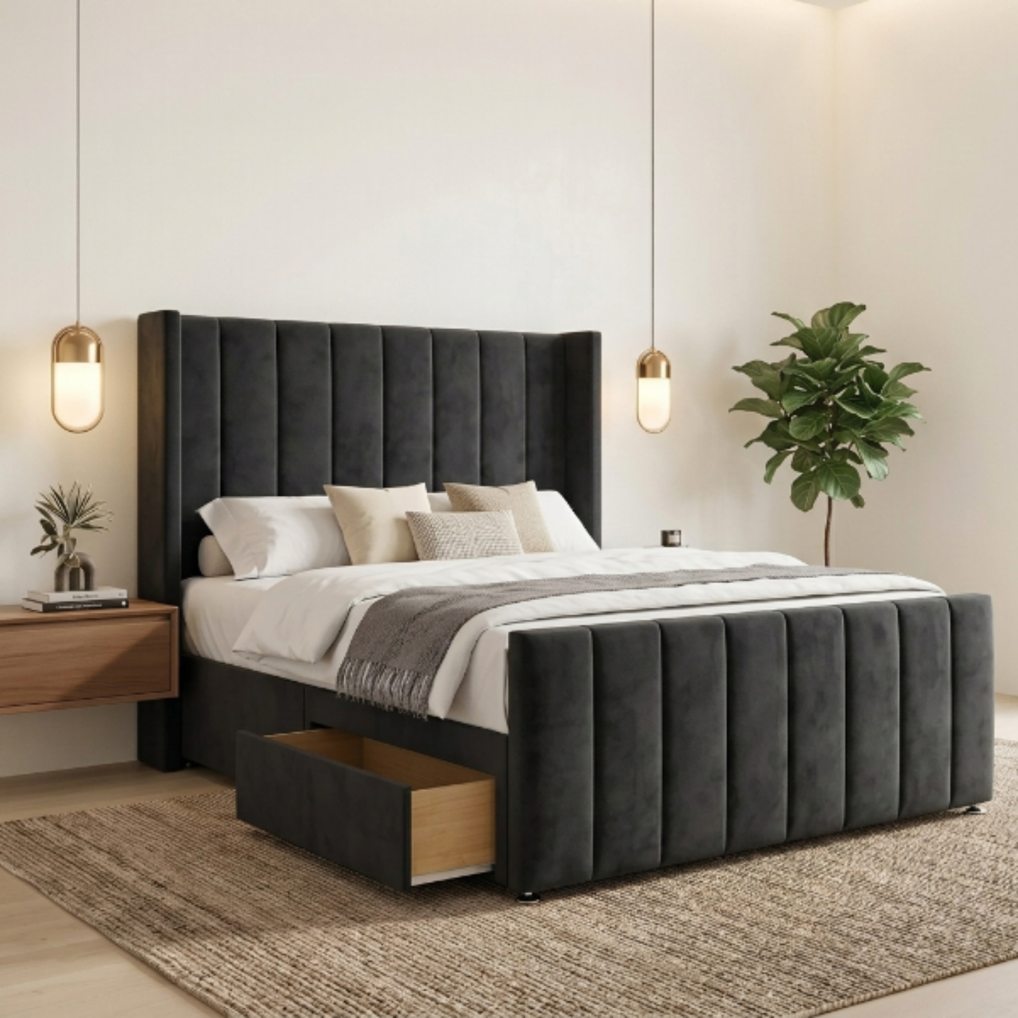Luxury Vertical Fluted Divan Bed Wingback with Storage Drawer