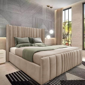 Luxury Mini Line Wings Bed by Sleepbeds featuring a stylish bed frame with winged headboard and elegant design in a cozy bedroom setting.