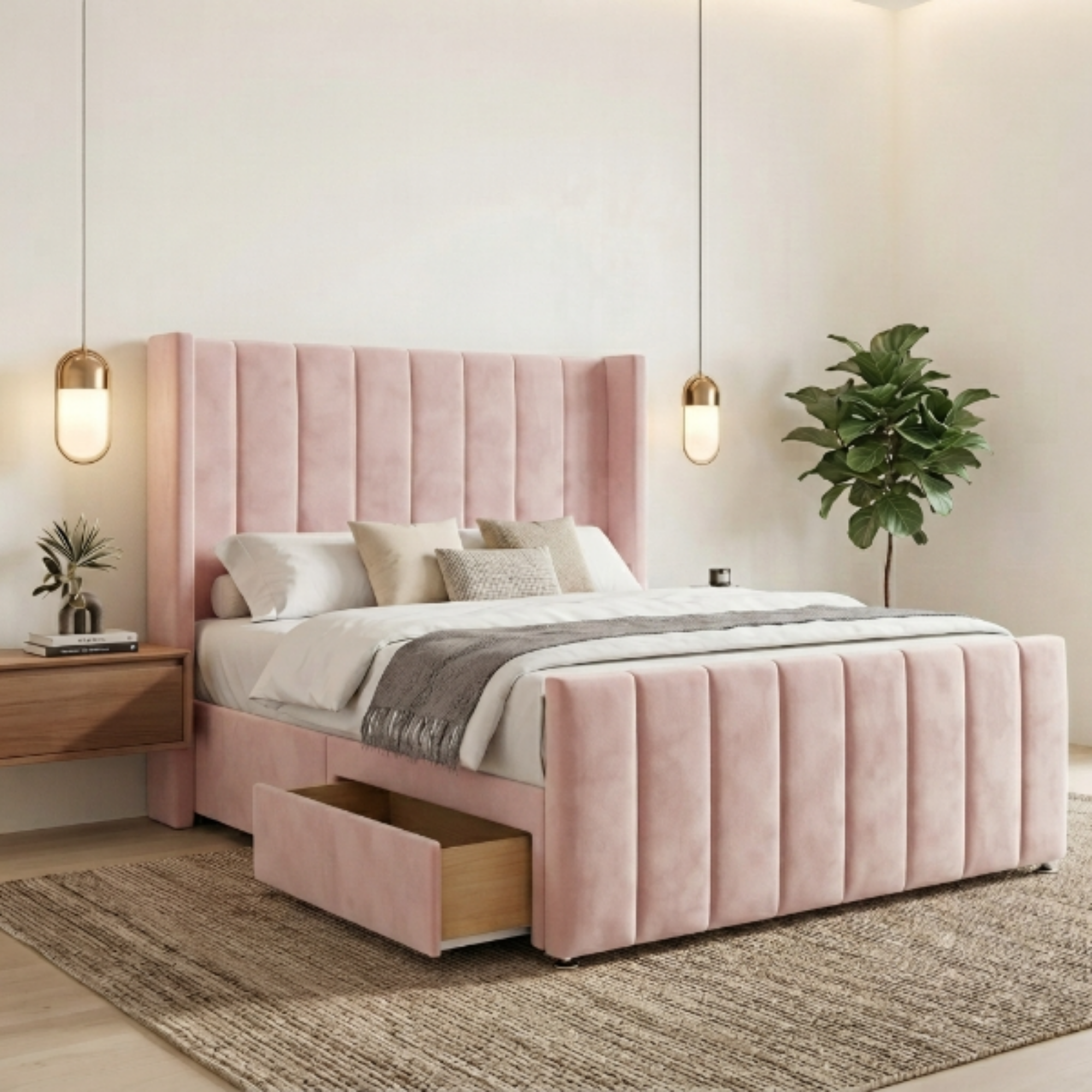 Luxury Vertical Fluted Divan Bed Wingback with Storage Drawer