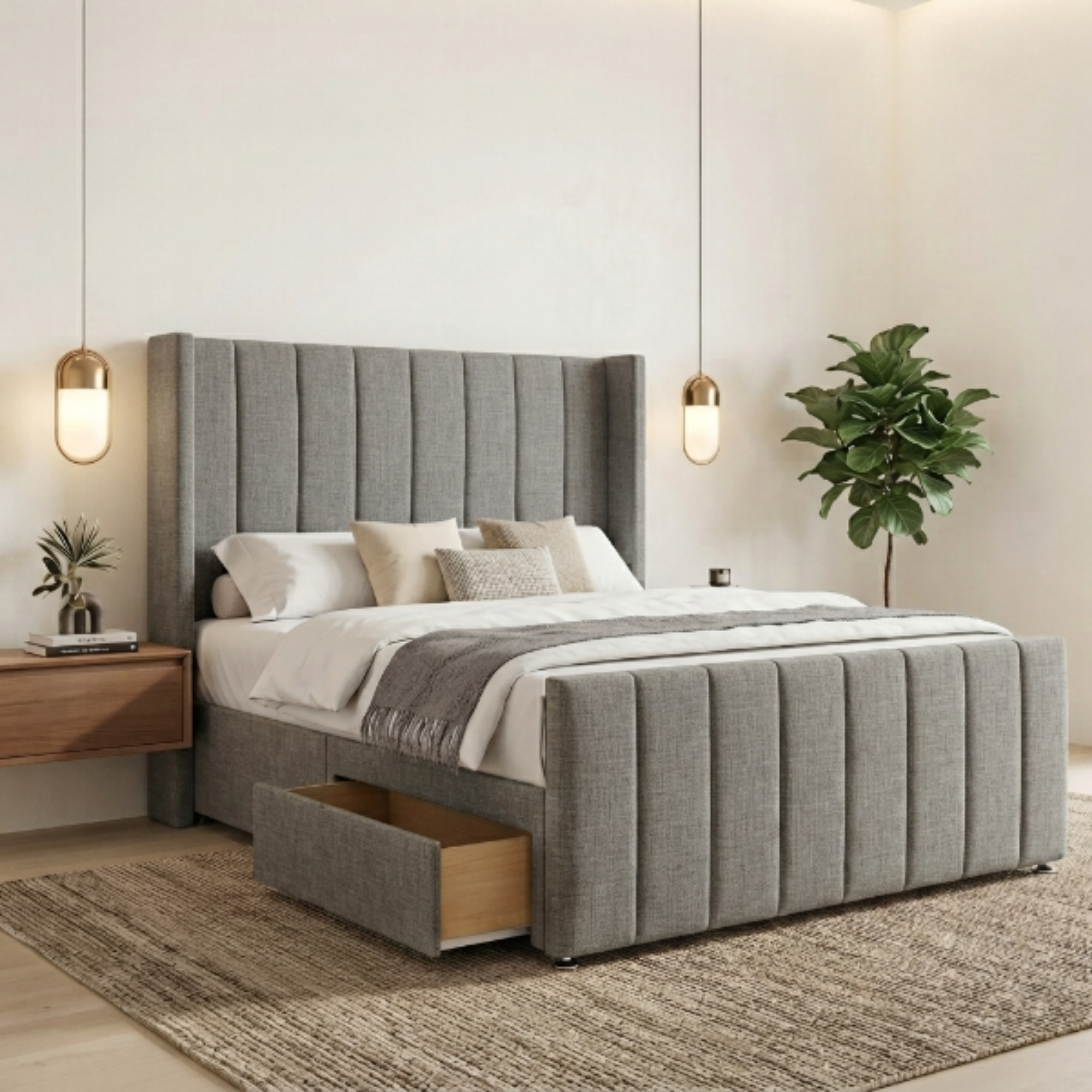 Luxury Vertical Fluted Divan Bed Wingback with Storage Drawer