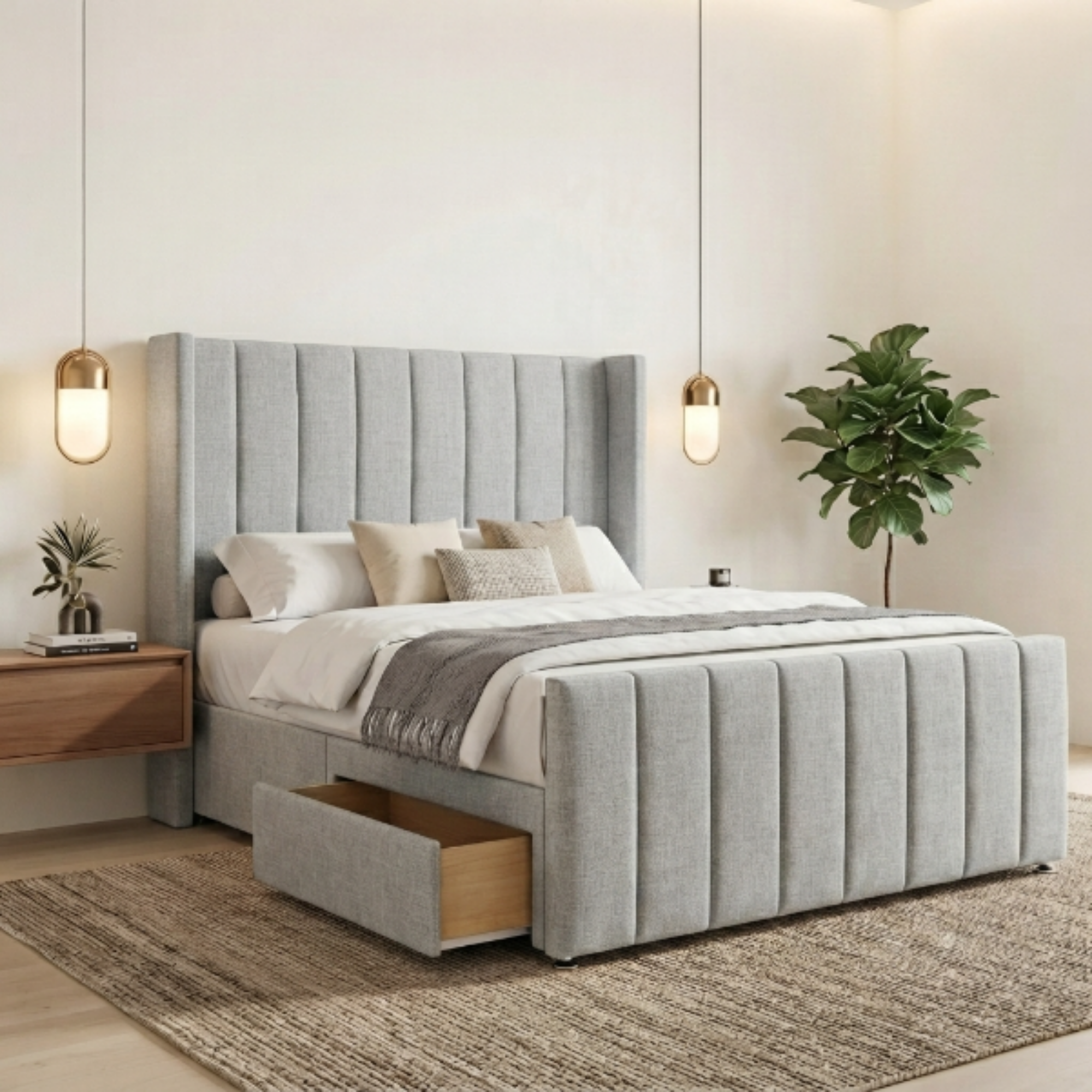 Luxury Vertical Fluted Divan Bed Wingback with Storage Drawer