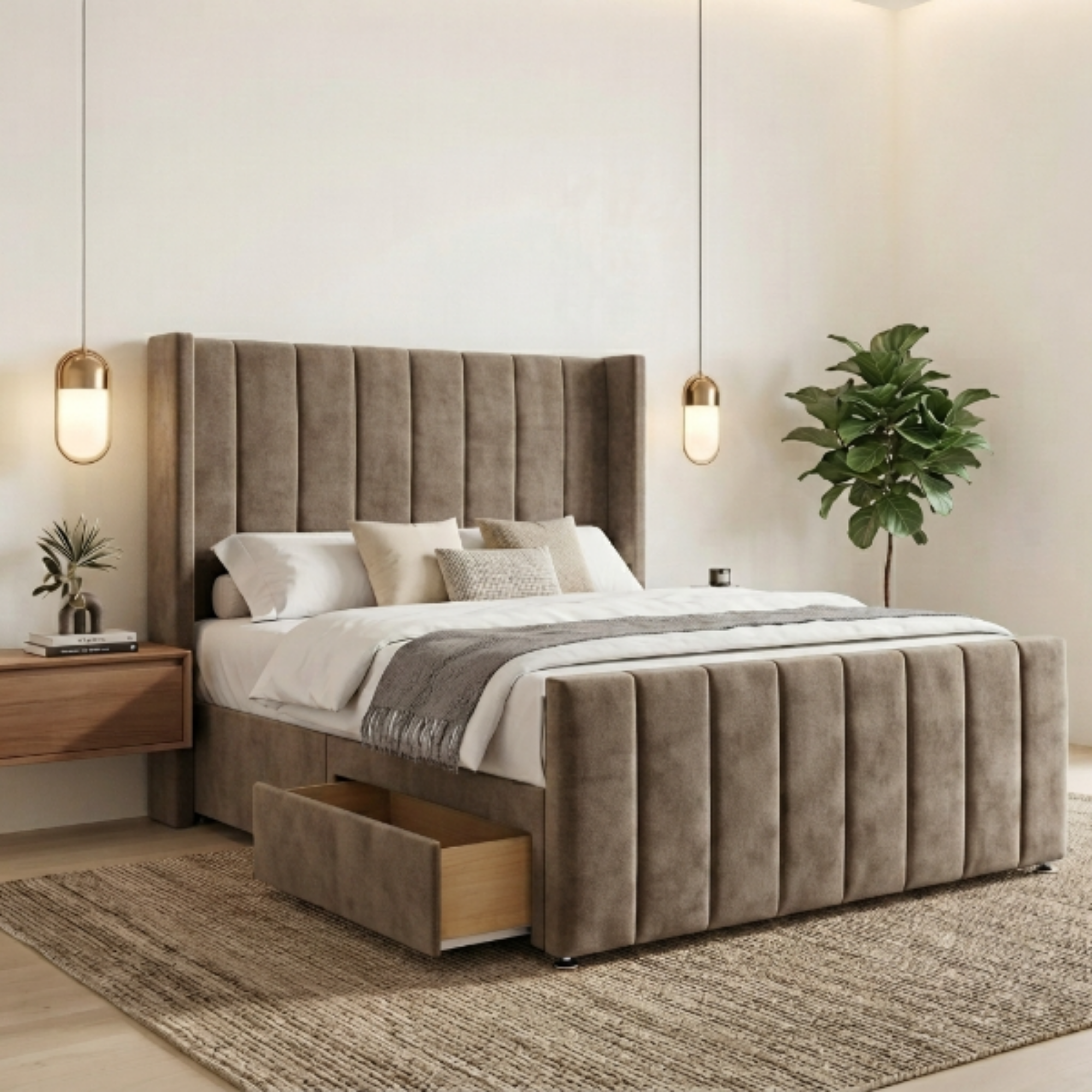 Luxury Vertical Fluted Divan Bed Wingback with Storage Drawer