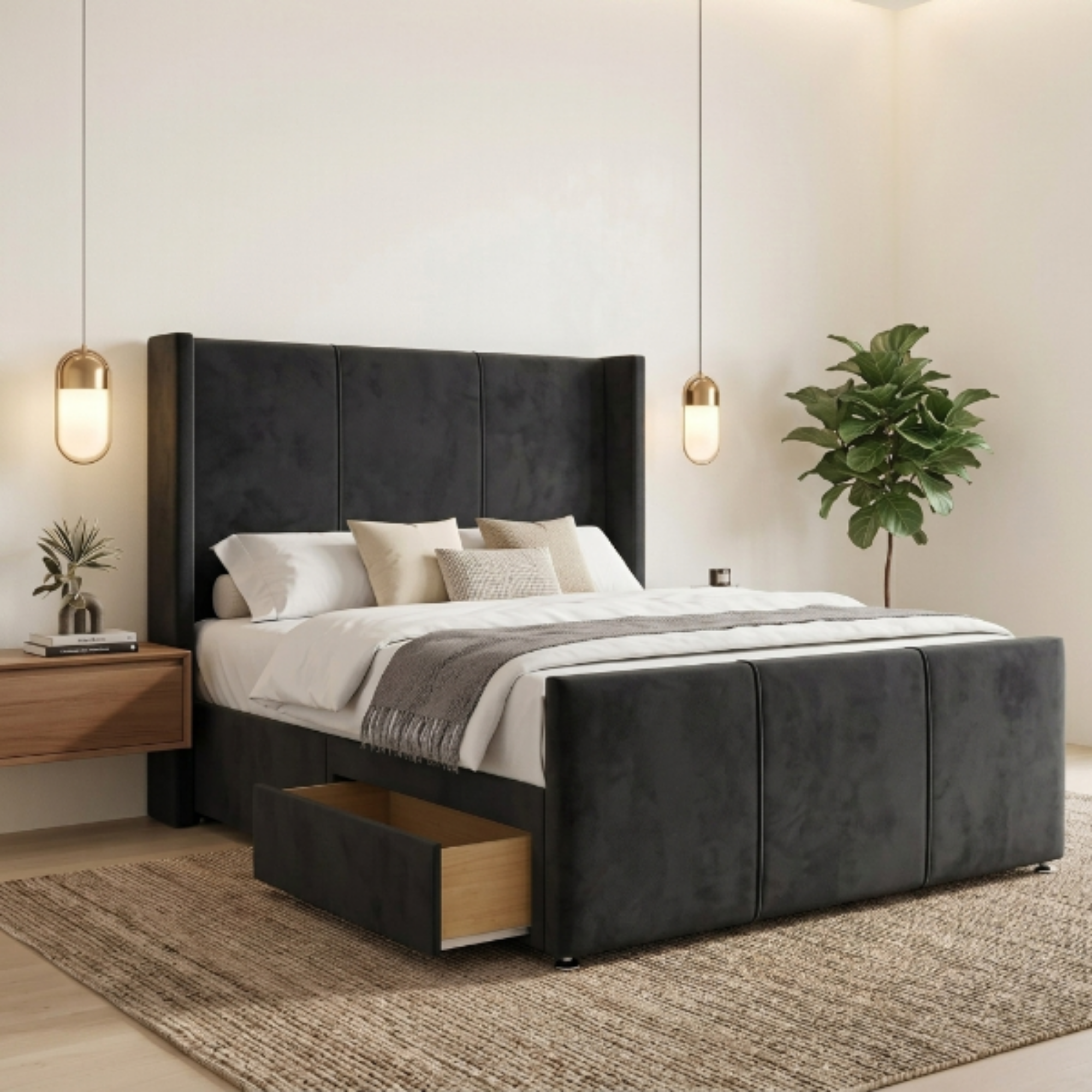 Modern Wide Vertical Panel Wingback Bed Frame with Storage Drawers