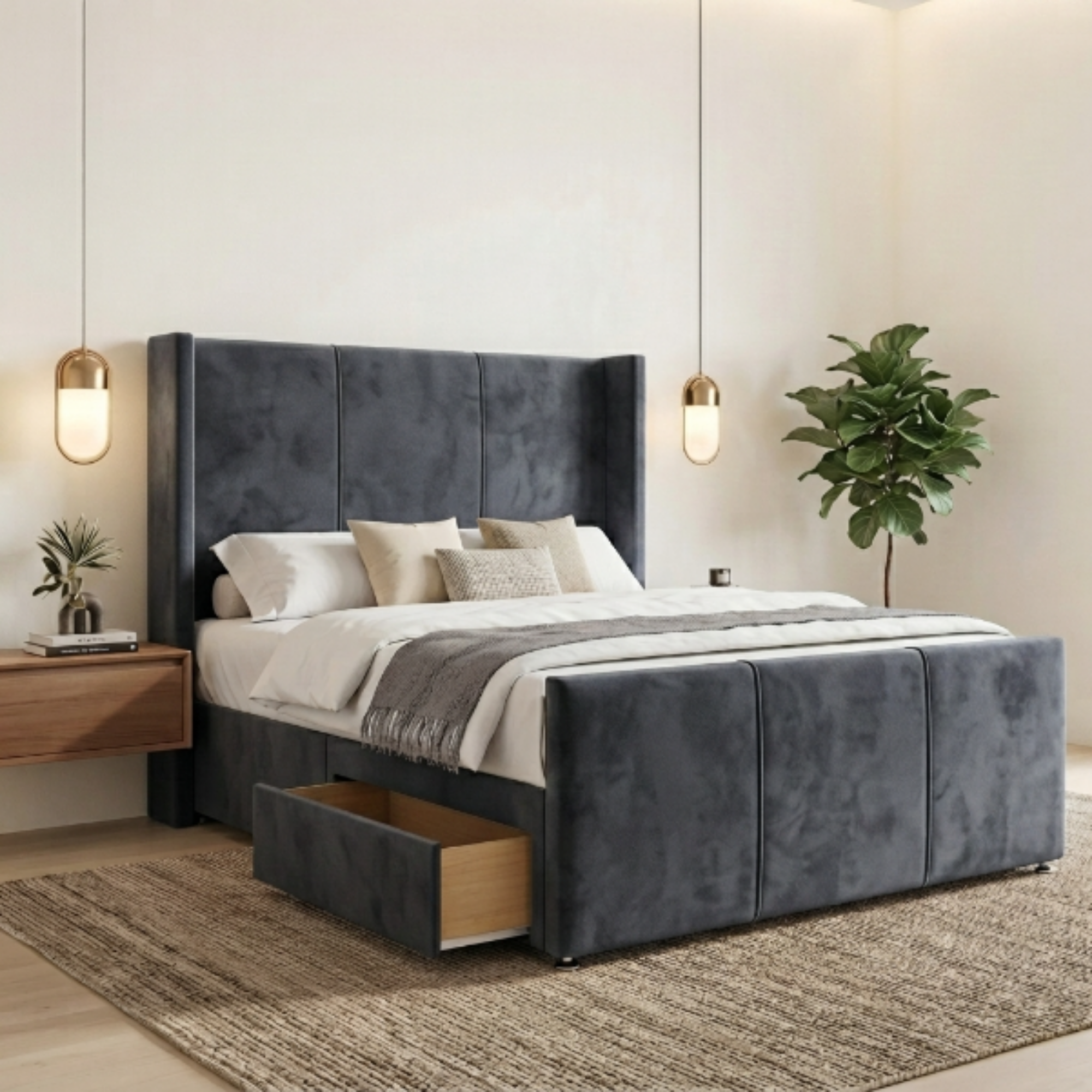 Modern Wide Vertical Panel Wingback Bed Frame with Storage Drawers