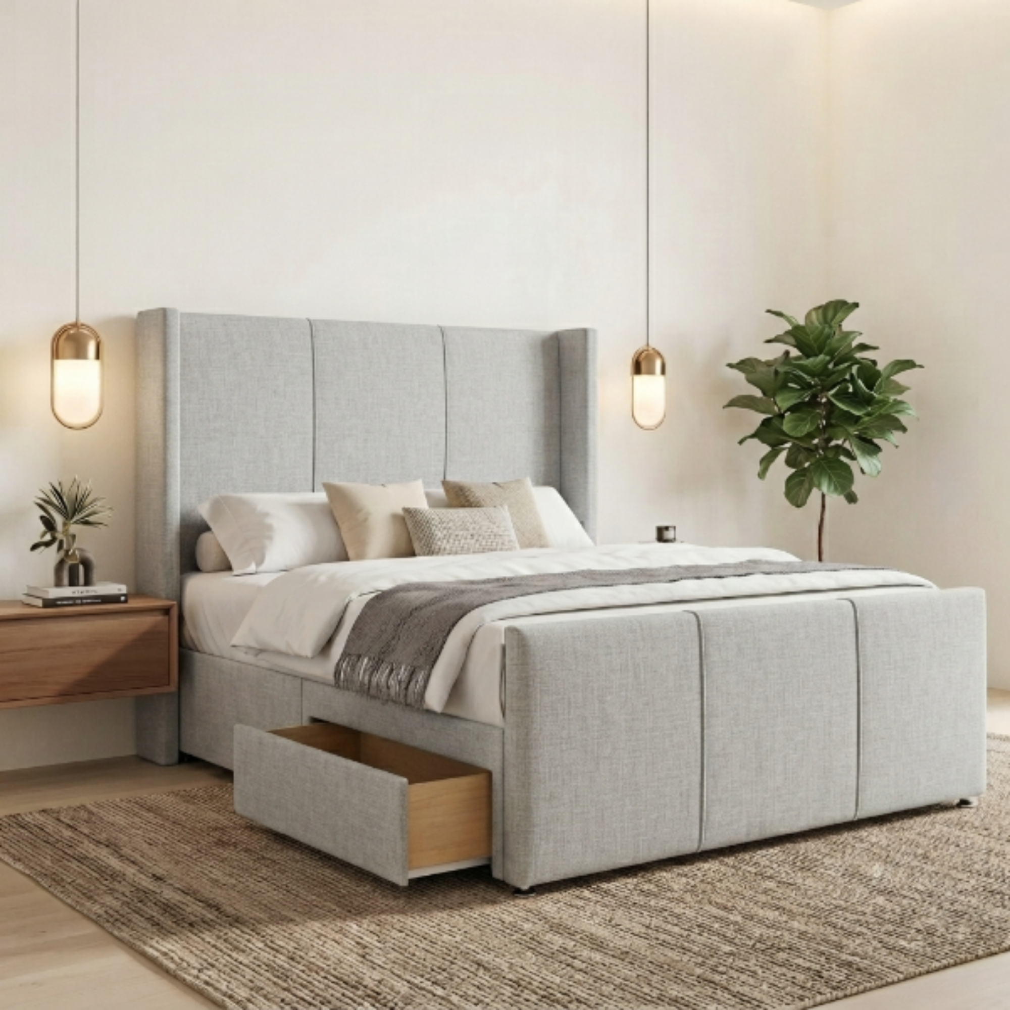 Modern Wide Vertical Panel Wingback Bed Frame with Storage Drawers