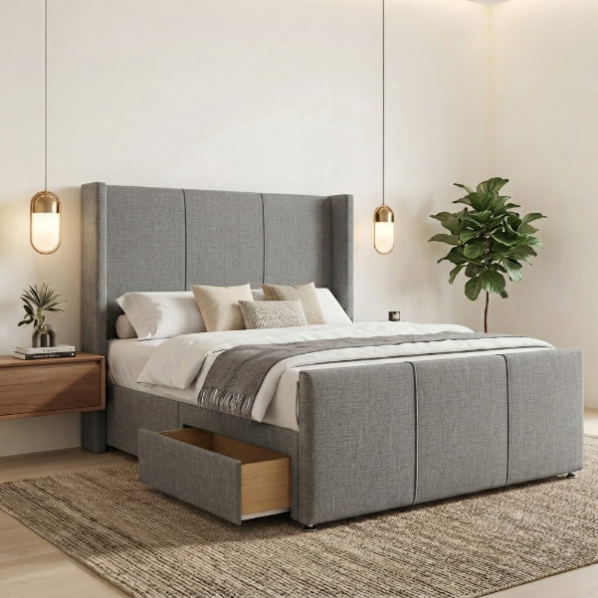 Modern Wide Vertical Panel Wingback Bed Frame with Storage Drawers