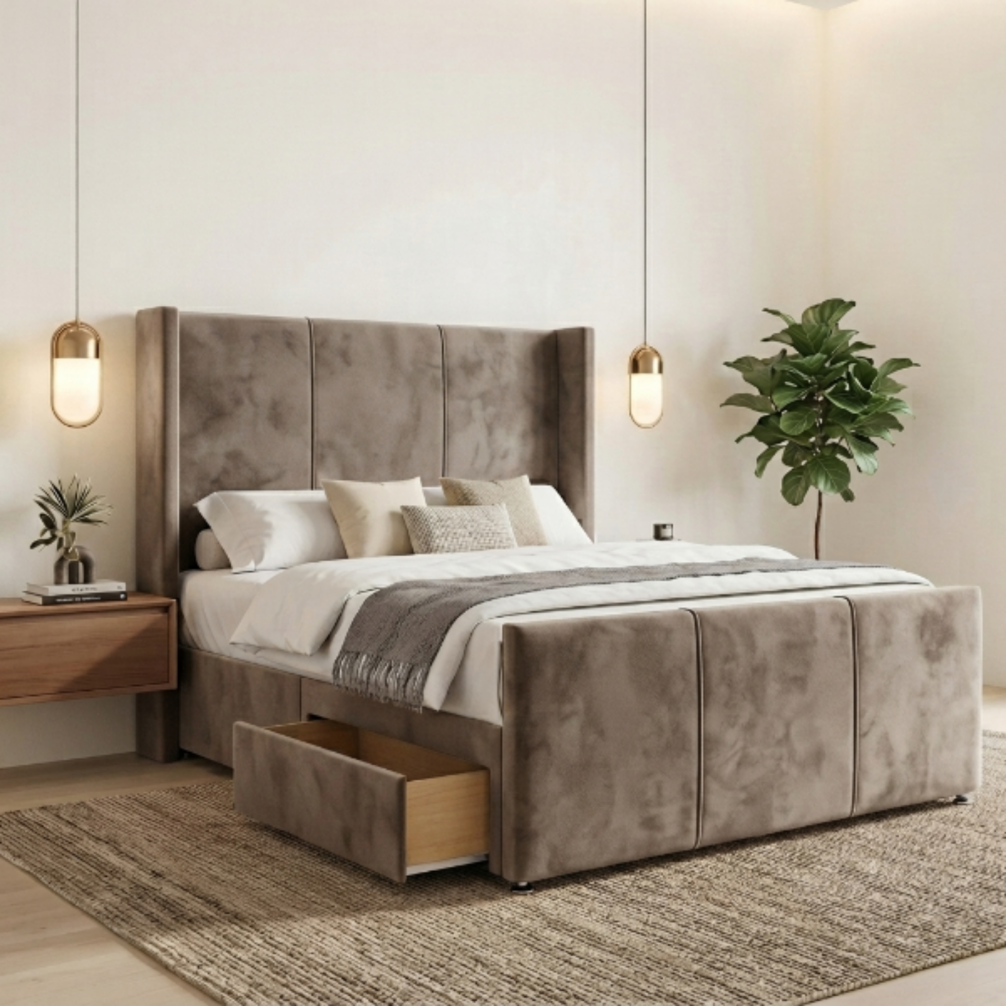 Modern Wide Vertical Panel Wingback Bed Frame with Storage Drawers