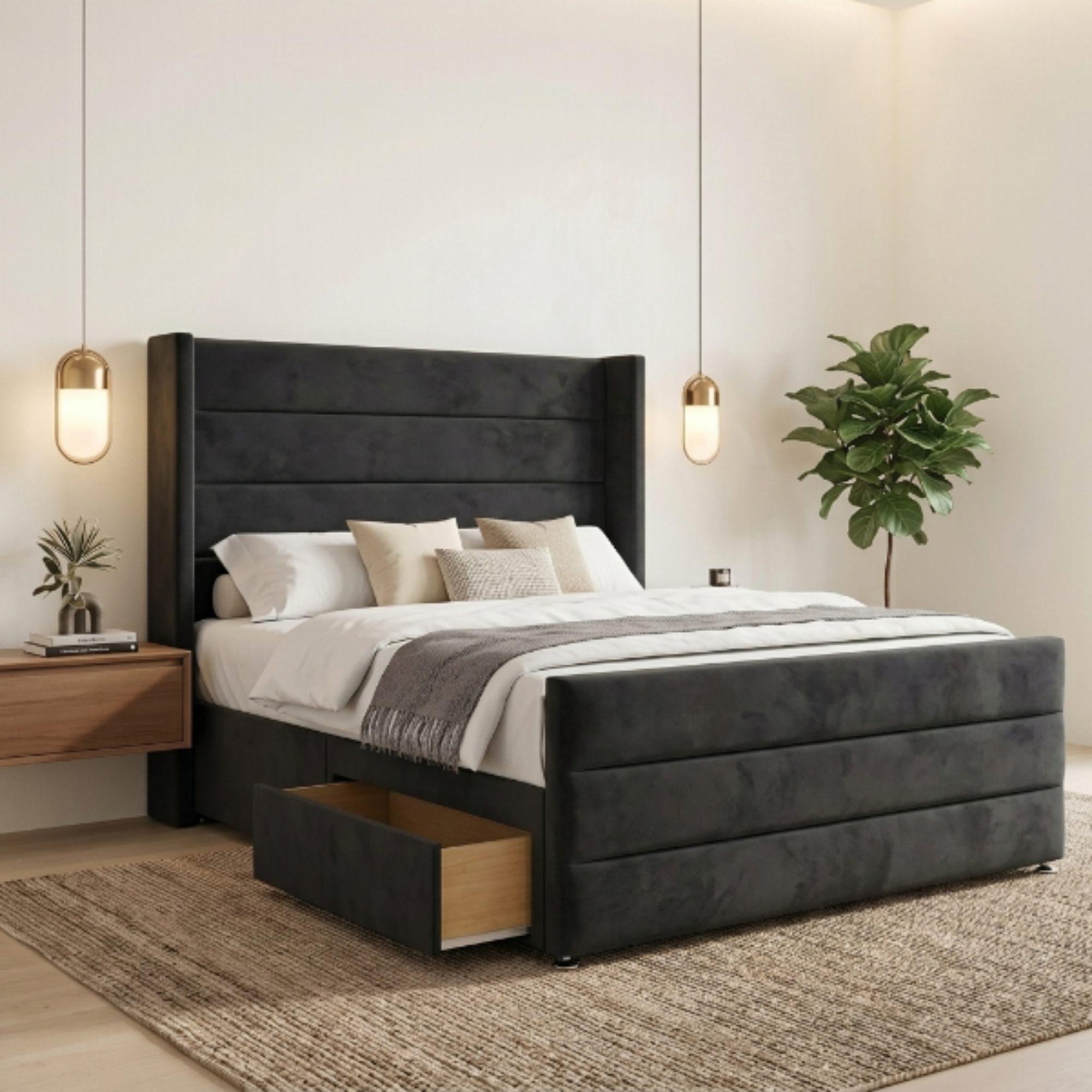 Modern Horizontal Panel Wingback Bed Frame with Storage Drawers