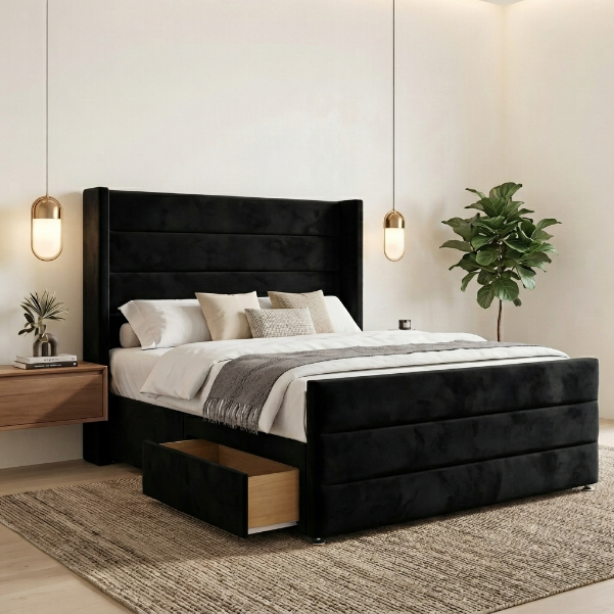 Modern Horizontal Panel Wingback Bed Frame with Storage Drawers