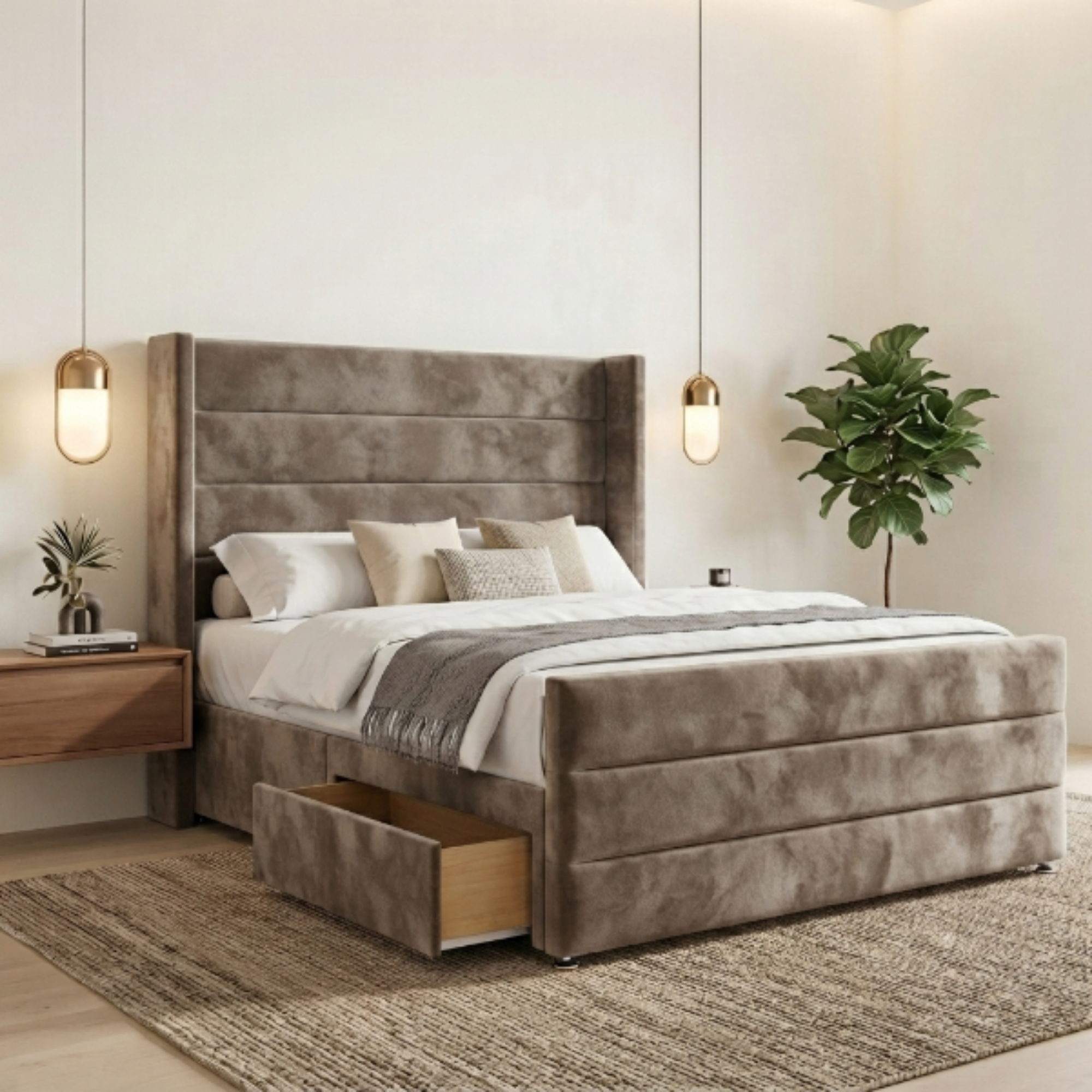 Modern Horizontal Panel Wingback Bed Frame with Storage Drawers
