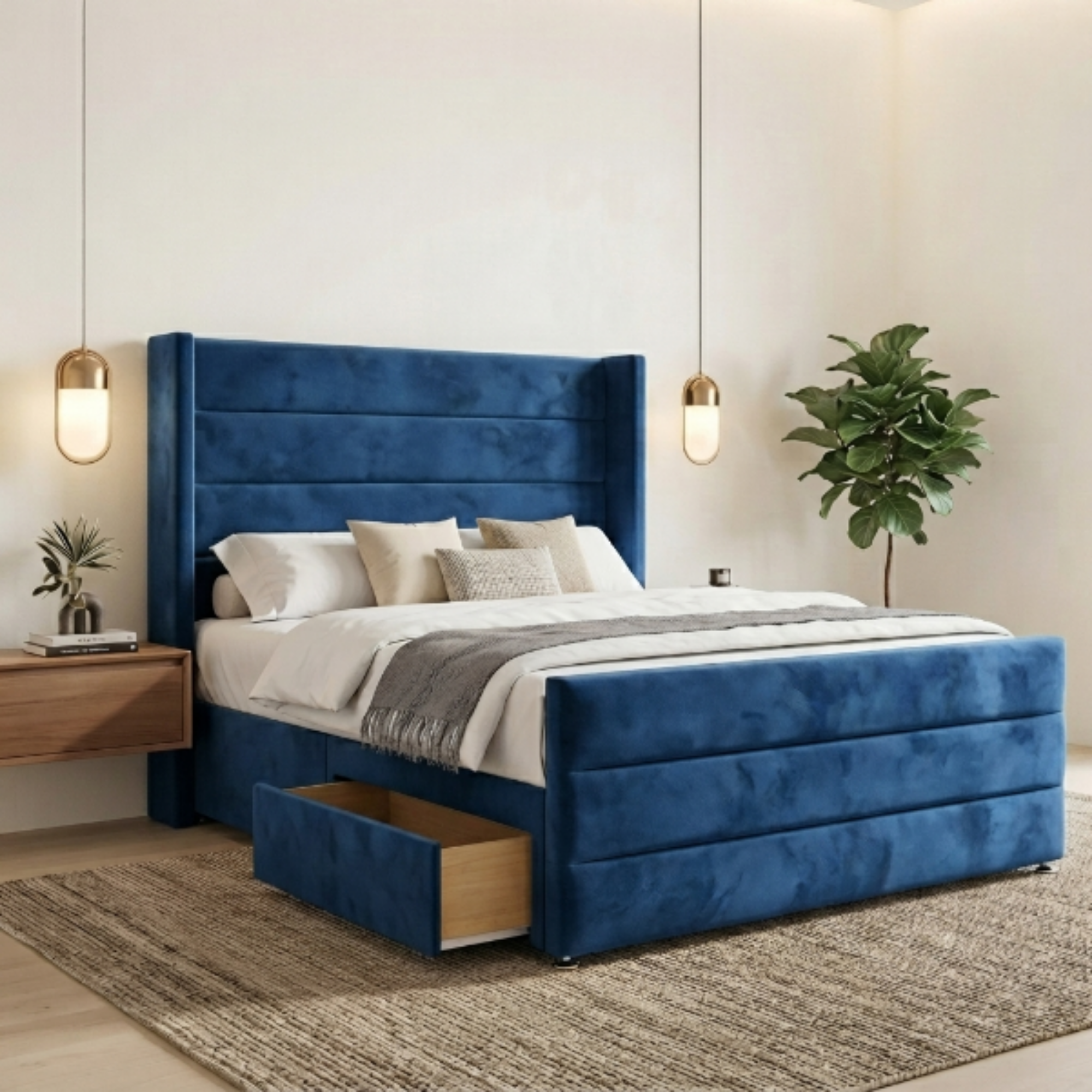Modern Horizontal Panel Wingback Bed Frame with Storage Drawers
