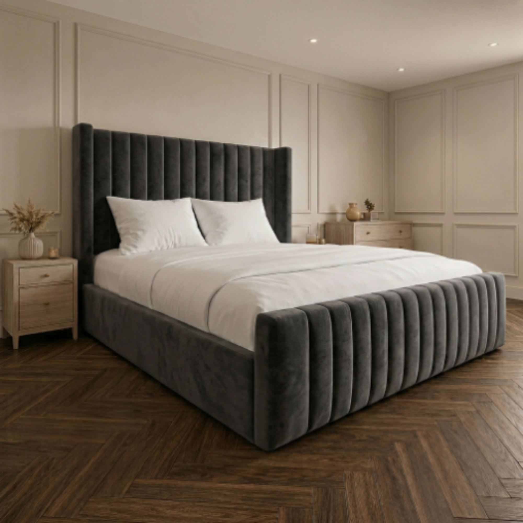Luxury Fluted Wingback Bed with Full Footboard