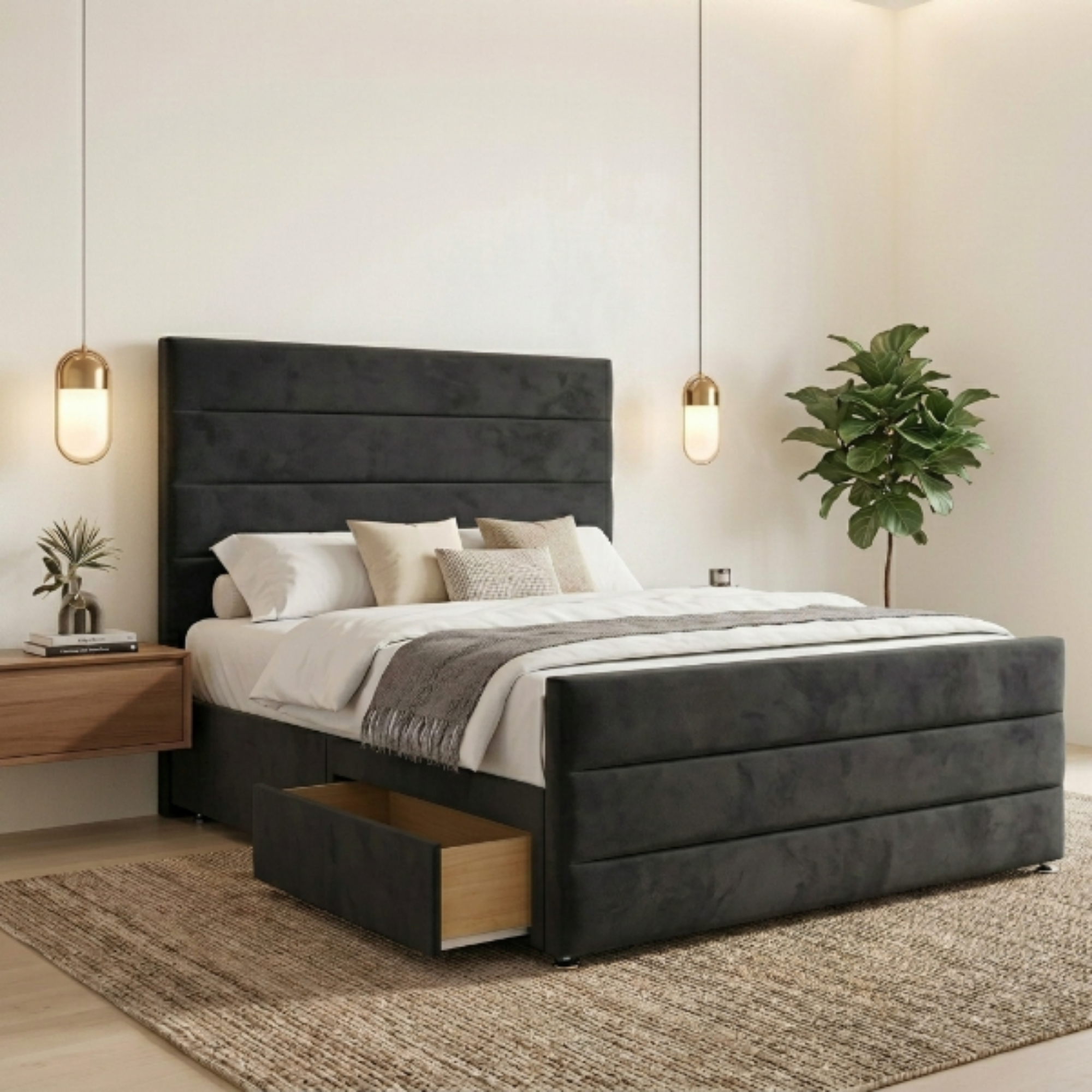Modern Horizontal Panel Bed Frame with Storage Drawers