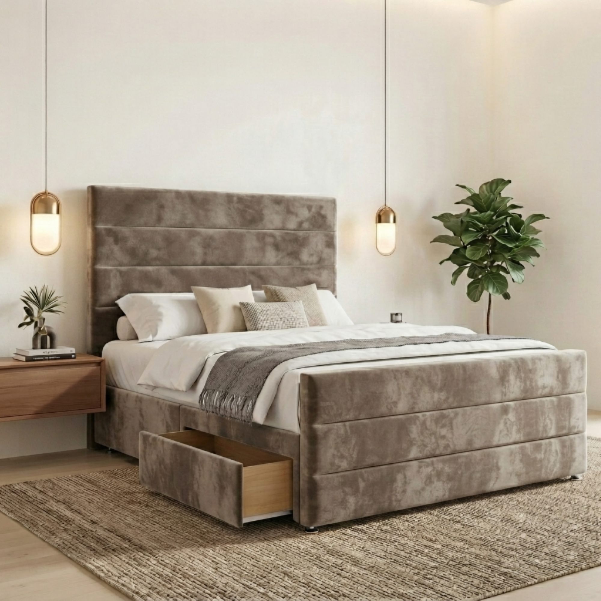 Modern Horizontal Panel Bed Frame with Storage Drawers