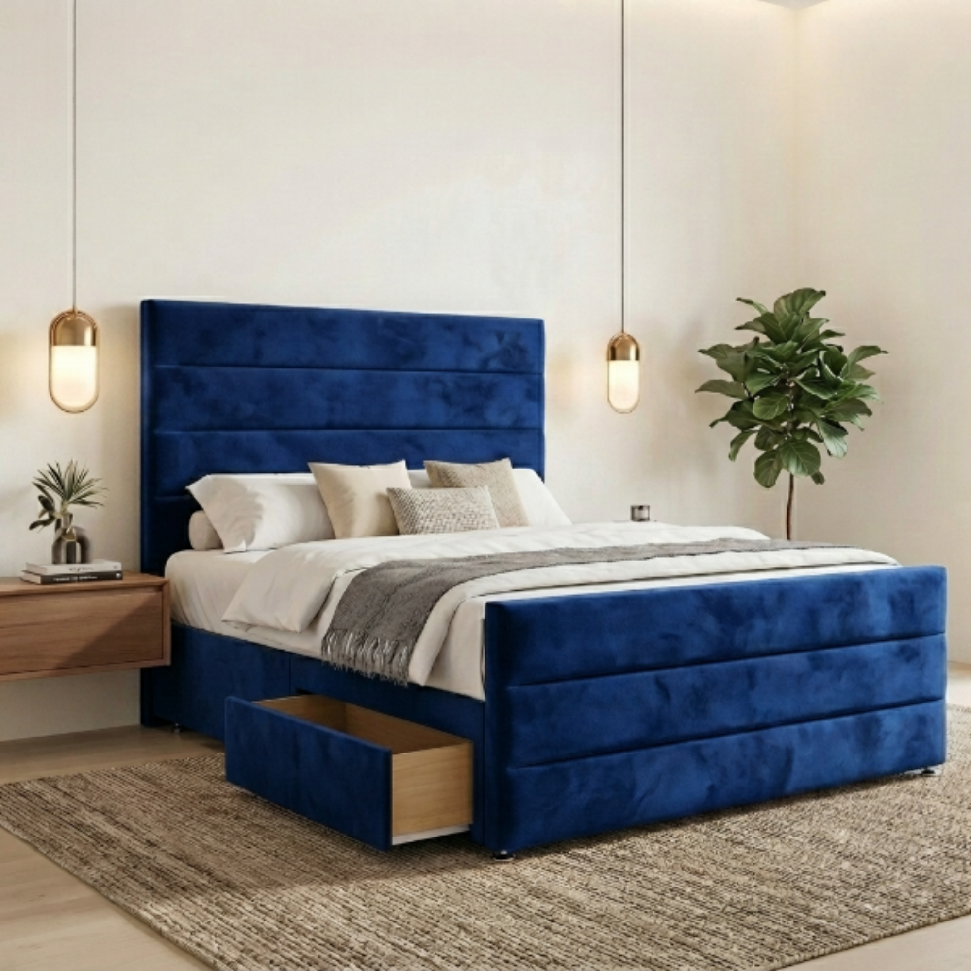 Modern Horizontal Panel Bed Frame with Storage Drawers