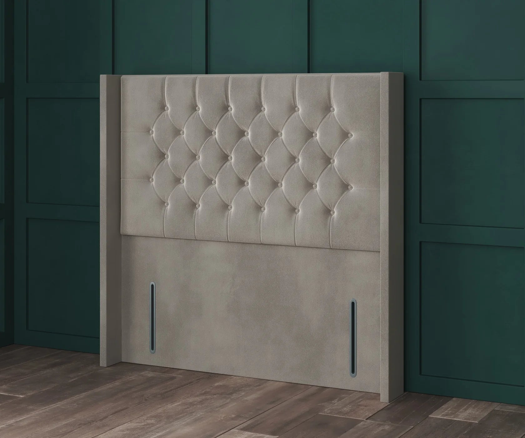 Handmade UK wing panel headboard attached to a bed frame, featuring soft upholstery and elegant design from SleepandBeds.