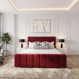 Black piping upholstered bed frame in various sizes from SleepandBeds, featuring a sleek, padded design with a stylish headboard.