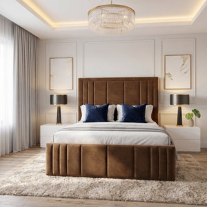 Black piping upholstered bed frame in various sizes from SleepandBeds, featuring a sleek, padded design with a stylish headboard.