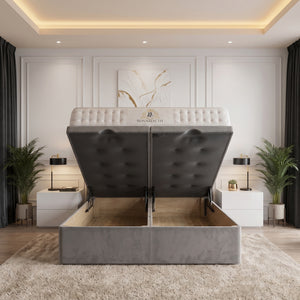 Black piping upholstered bed frame in various sizes from SleepandBeds, featuring a sleek, padded design with a stylish headboard.