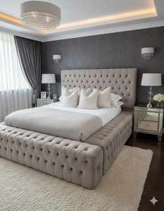 Charcoal gray upholstered bed frame from SleepandBeds, featuring a padded headboard and modern design for a stylish bedroom.