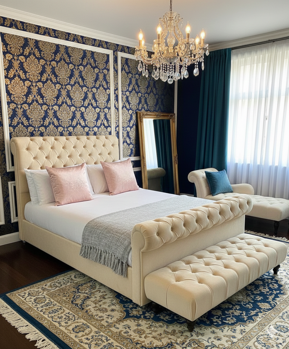 Roman sleigh bed from SleepandBeds featuring carved wood details and a classic, elegant design for a luxurious bedroom setting.
