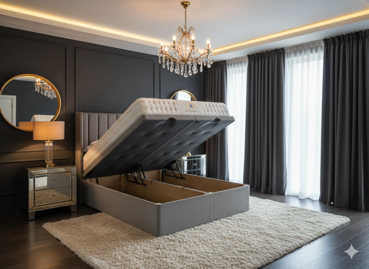 Mayfair Ottoman Divan Bed by SleepandBeds, showcasing a modern bed with storage Ottoman base and upholstered headboard in a bedroom setting.