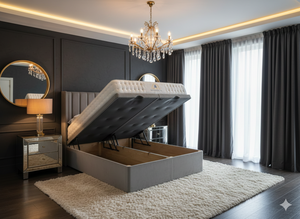 Mayfair Ottoman Divan Bed by SleepandBeds, showcasing a modern bed with storage Ottoman base and upholstered headboard in a bedroom setting.
