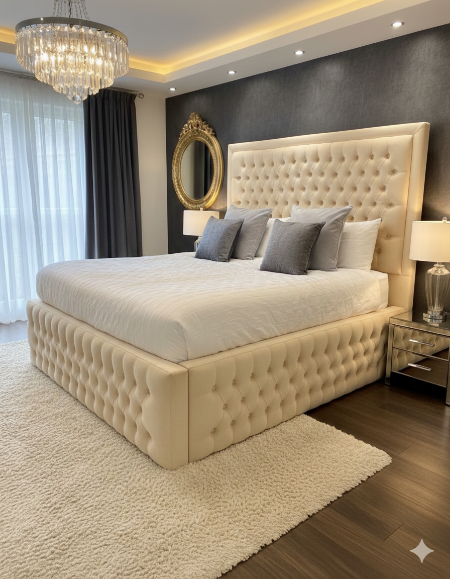 Luxury upholstery bed from SleepandBeds featuring a stylish, padded headboard and elegant design in a modern bedroom setting.
