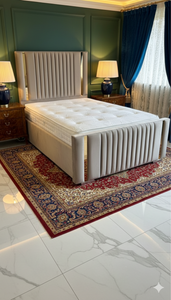 Plush velvet strip line bed with 54-inch upholstered headboard and design footboard, stylish and comfortable bedroom furniture.