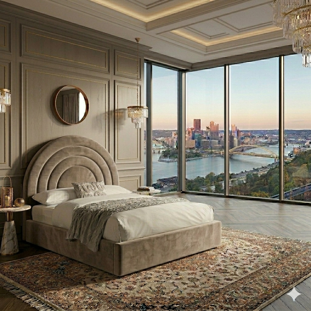 Circle lines headboard bed | Plush Velvet Bed with 54” Headboard