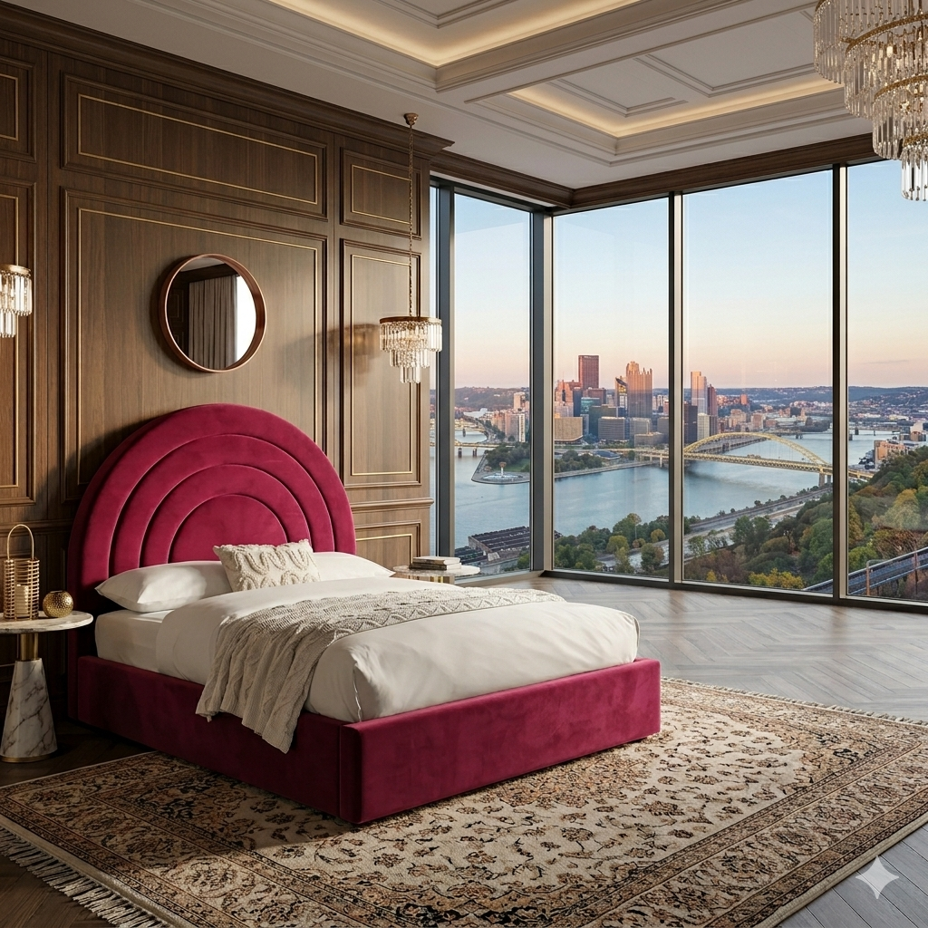 Circle lines headboard bed | Plush Velvet Bed with 54” Headboard