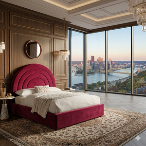 Plush velvet bed with a 54-inch circle lines headboard, featuring a stylish and comfortable design by SleepandBeds.