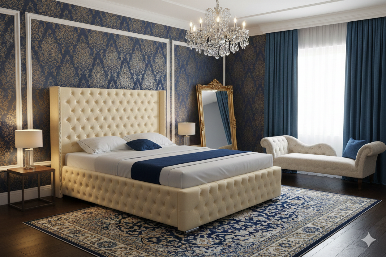 A stylish Romeo wing-bed by SleepandBeds featuring a contemporary design with upholstered headboard and elegant winged sides.