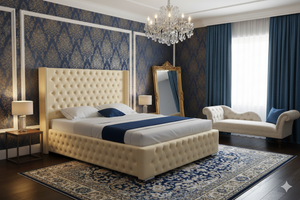 A stylish Romeo wing-bed by SleepandBeds featuring a contemporary design with upholstered headboard and elegant winged sides.