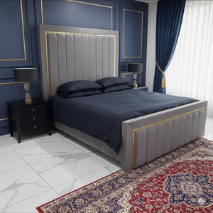 Luxury bed with gold and silver strip accents, featuring a modern design and plush bedding from SleepandBeds.