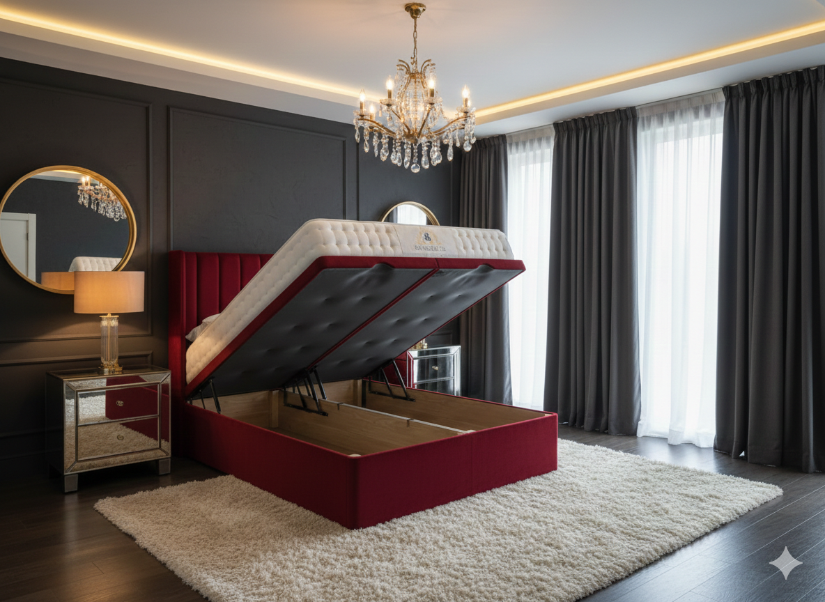 Mayfair Ottoman Divan Bed by SleepandBeds featuring a upholstered fabric headboard and storage ottoman in a modern bedroom setting