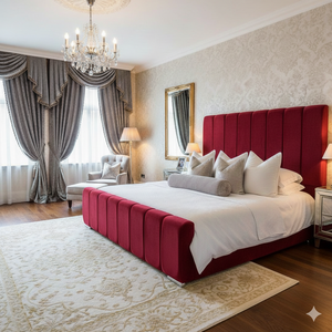 SleepandBeds Mayfair Upholstery Bed with padded headboard and elegant fabric upholstery, showcasing a stylish bedroom centerpiece.