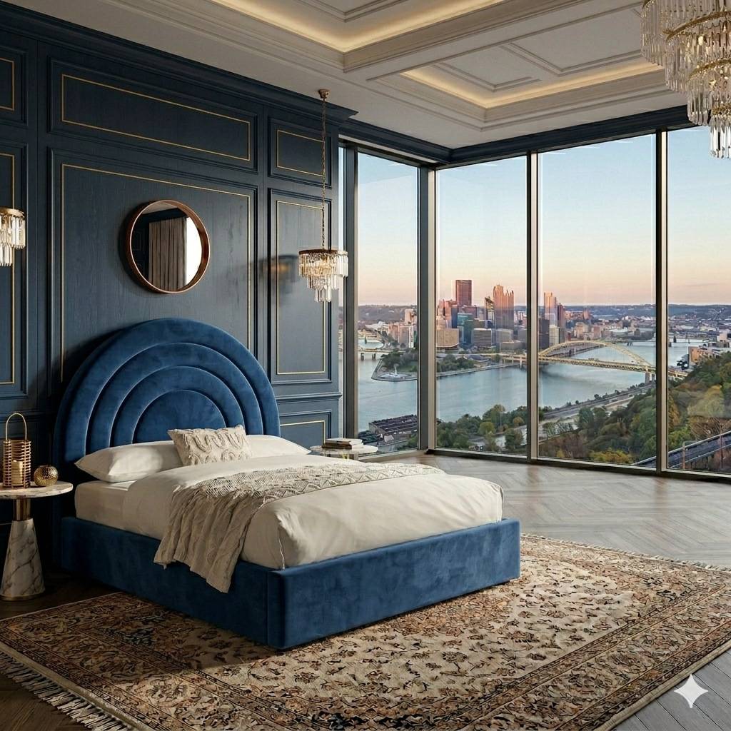 Circle lines headboard bed | Plush Velvet Bed with 54” Headboard