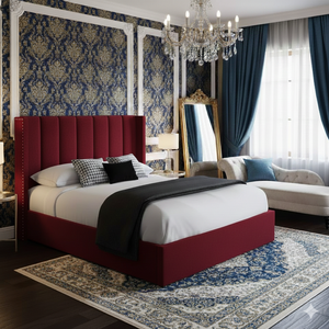 Charcoal gray upholstered bed frame from SleepandBeds, featuring a padded headboard and modern design for a stylish bedroom.