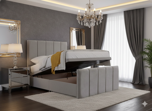 SleepandBeds panel Ottoman divan bed with a padded headboard and storage drawers in a modern bedroom setting.