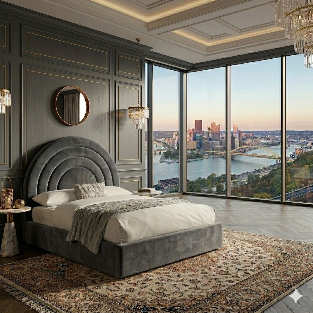 Circle lines headboard bed | Plush Velvet Bed with 54” Headboard