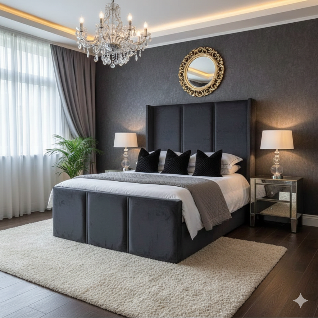 Mayfair Wing 2-line Bed by SleepandBeds with a sleek wooden frame and winged headboard, shown in a modern bedroom setting.