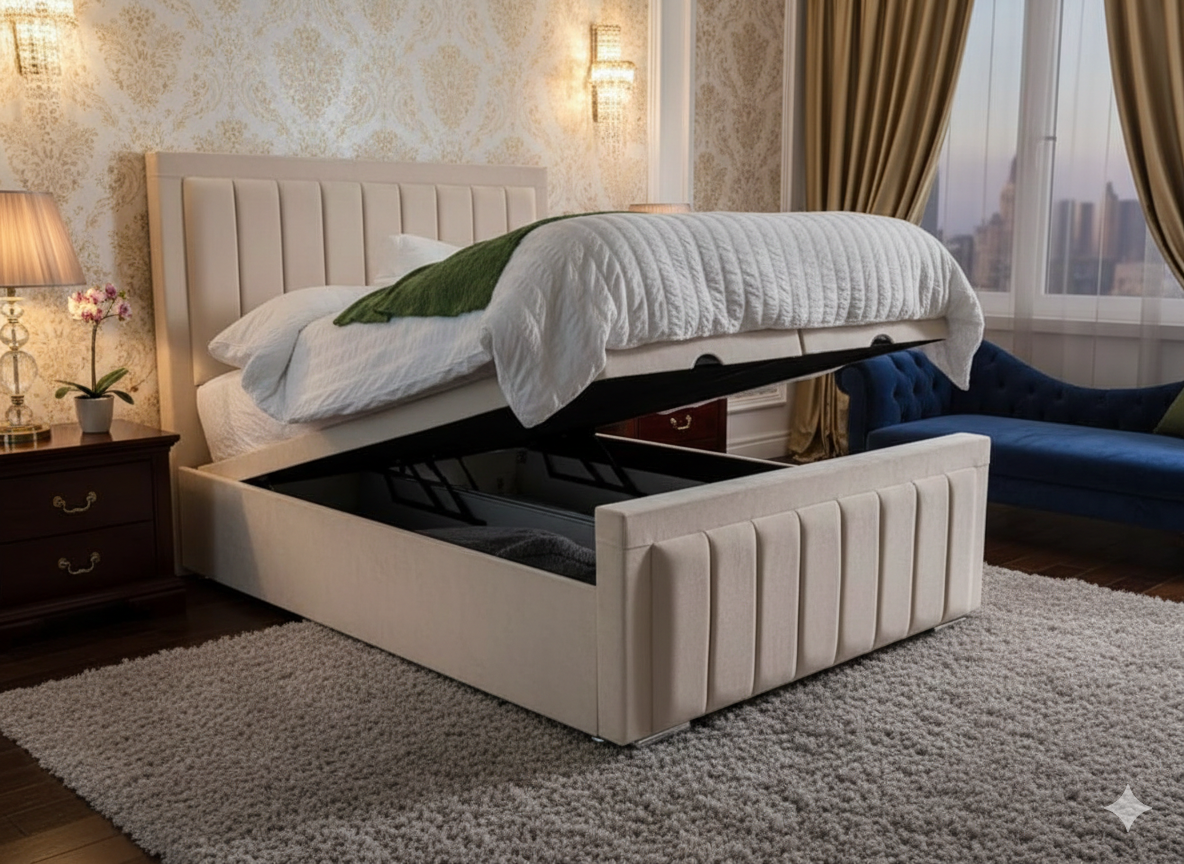Mayfair Bumper Ottoman Divan Bed by SleepandBeds with upholstered fabric and storage drawers, shown in a modern bedroom setting.