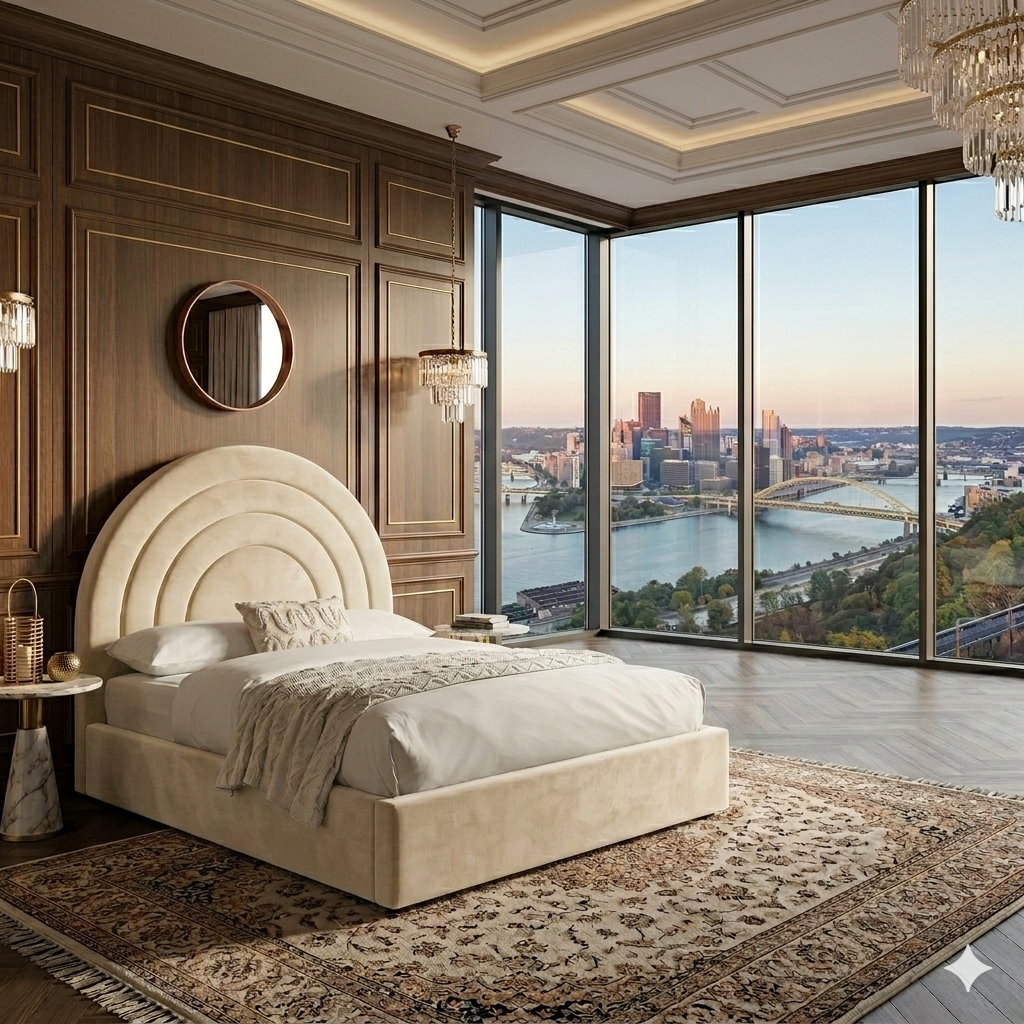 Circle lines headboard bed | Plush Velvet Bed with 54” Headboard