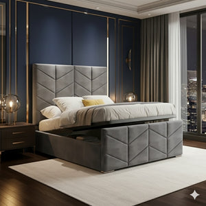Plush velvet double arrow bed with a 54-inch headboard, handcrafted in the UK by SleepandBeds.
