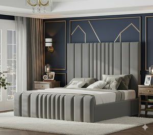 Luxurious multi mini line plush velvet bed with 54-inch headboard by SleepandBeds, handmade in the UK.