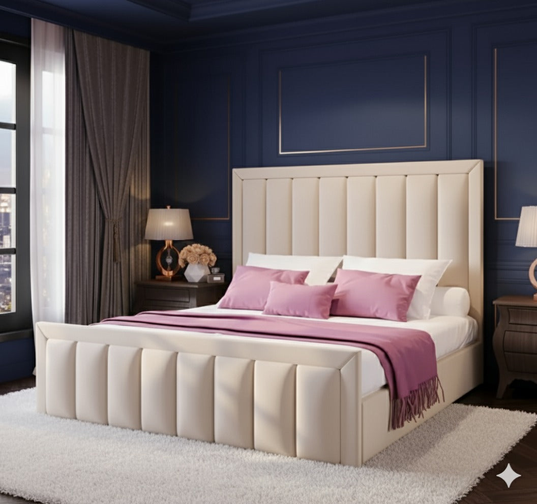 Panel Line Bed with Border | Plush Velvet Bed with 54” Headboard | Handmade in the UK by SLEEP&BEDS LTD - Image 1