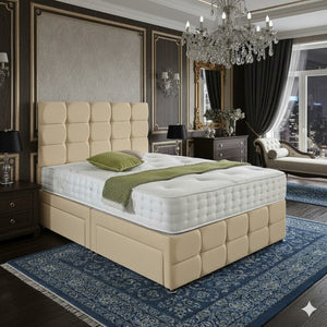 Square bed by SleepandBeds with clean lines and modern design, shown in a cozy bedroom setting.