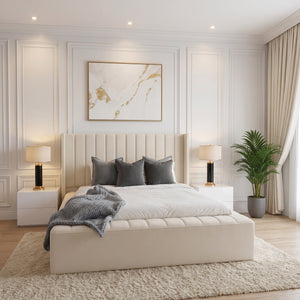 Black piping upholstered bed frame in various sizes from SleepandBeds, featuring a sleek, padded design with a stylish headboard.